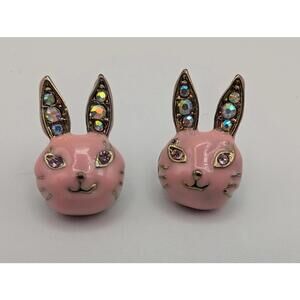 Funky Vintage Pink Bunny Stud Earrings with Rhinestone Details